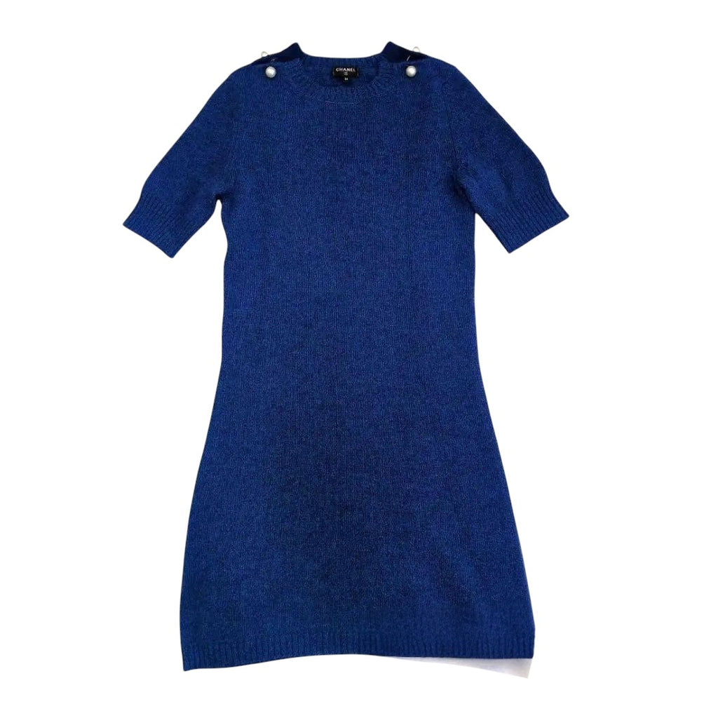 CHANEL Blue Short Sleeve Cashmere Dress with Pearl Detail Size 34