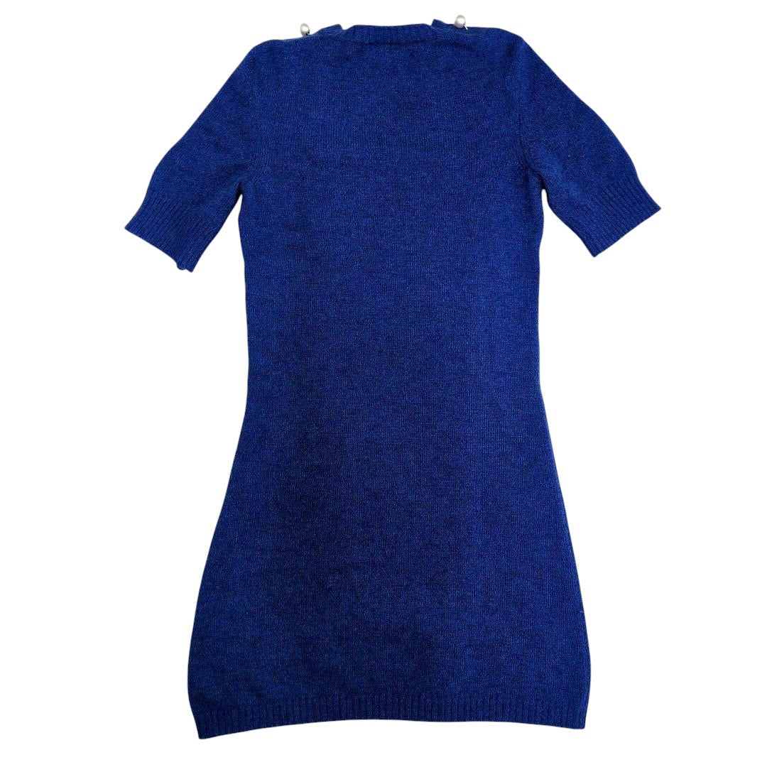 CHANEL Blue Short Sleeve Cashmere Dress with Pearl Detail Size 34