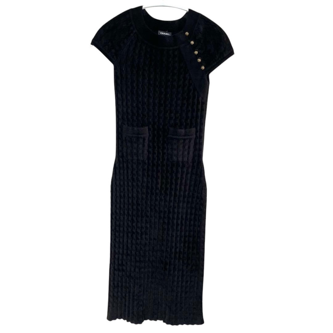CHANELKnit Dress Velvet Velour Coco Mark Coco Buttons Size 36