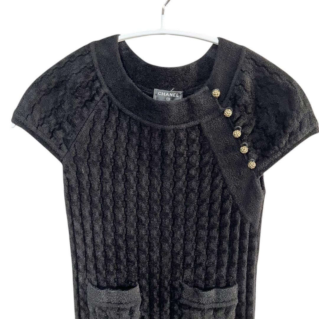 CHANELKnit Dress Velvet Velour Coco Mark Coco Buttons Size 36