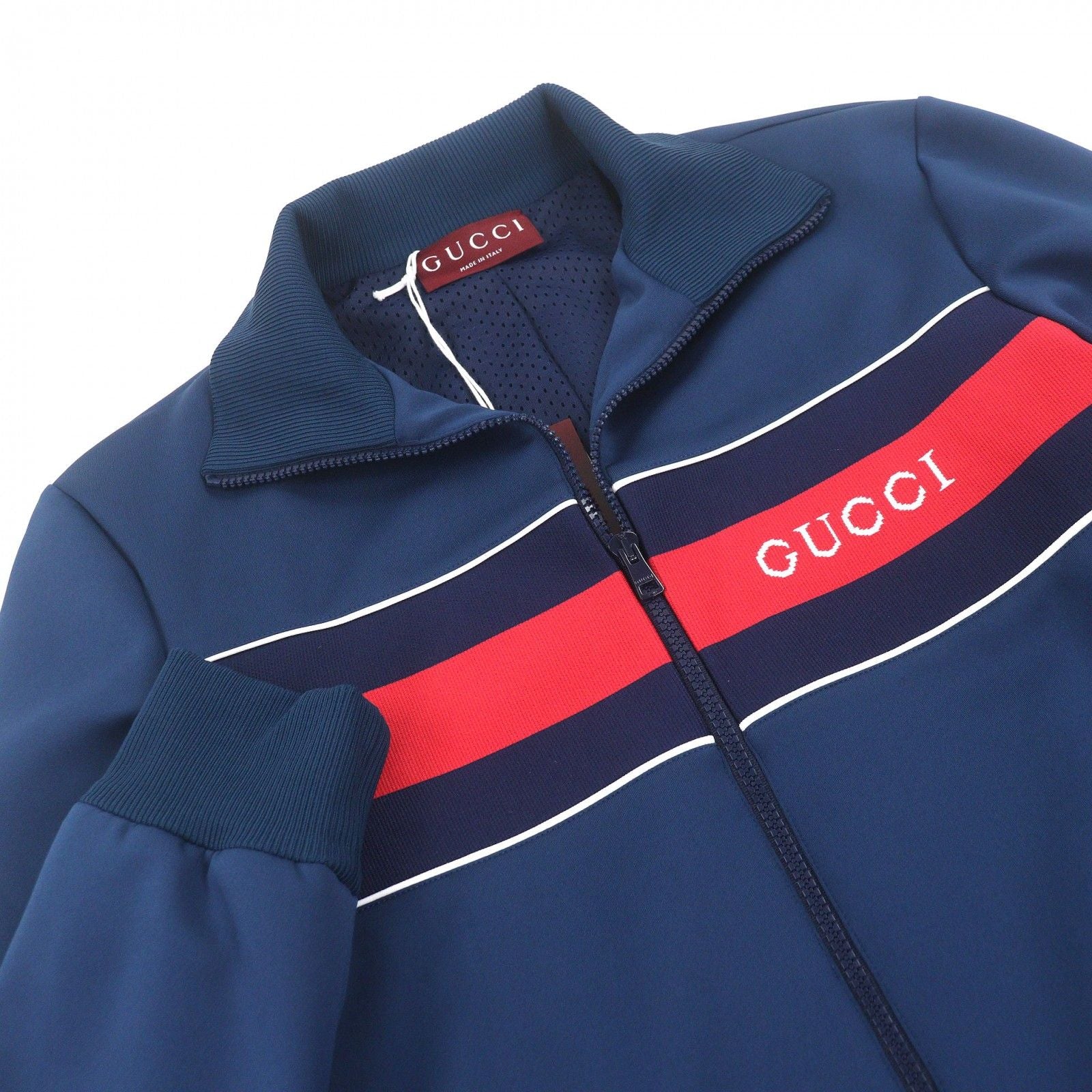 GUCCI Neoprene Logo Web Stripe Zip-Up Track Jacket — Navy / Size S