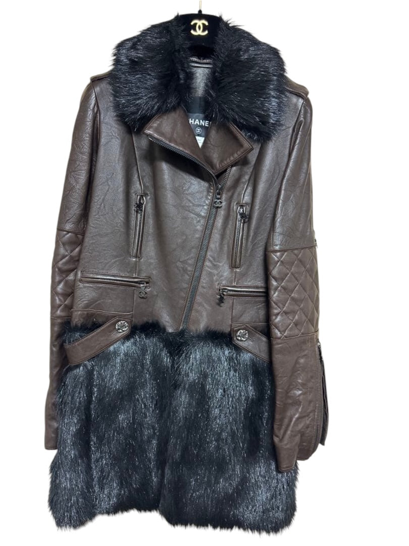 CHANEL Brown Sheepskin Leather Faux Fur Biker Coat Size 36