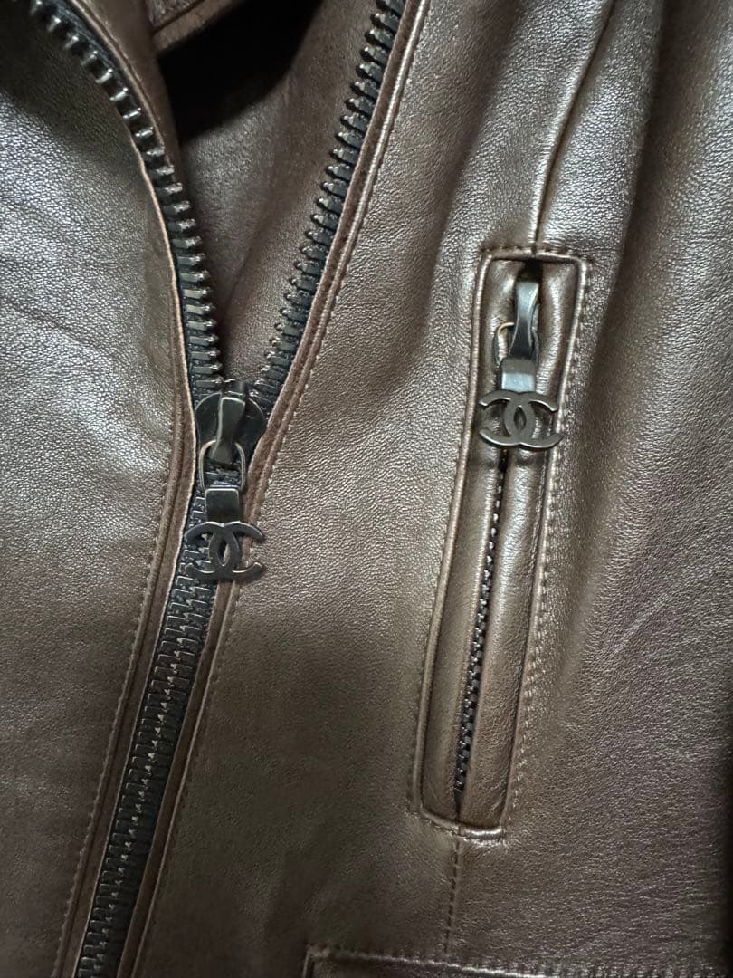 CHANEL Brown Sheepskin Leather Faux Fur Biker Coat Size 36