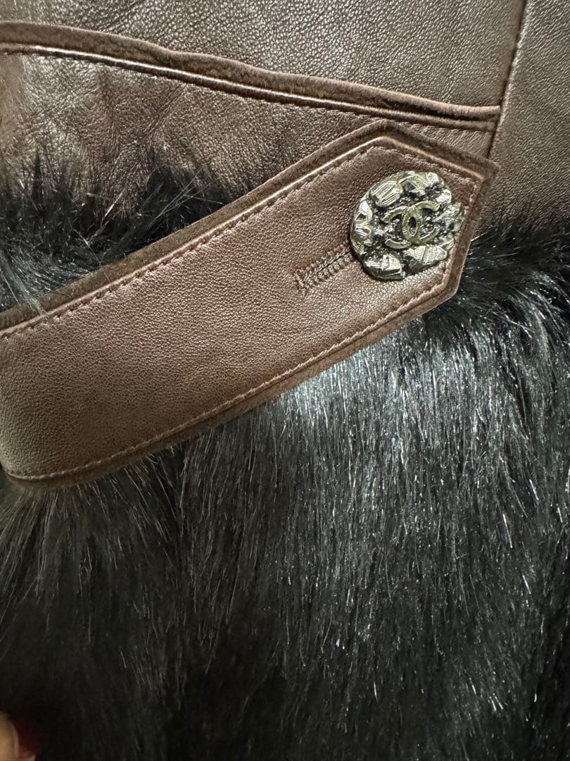 CHANEL Brown Sheepskin Leather Faux Fur Biker Coat Size 36