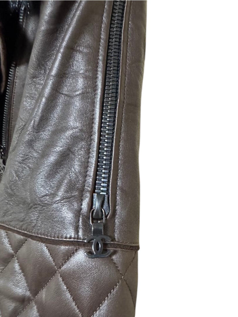 CHANEL Brown Sheepskin Leather Faux Fur Biker Coat Size 36