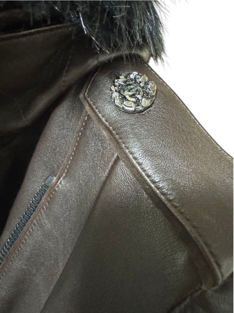 CHANEL Brown Sheepskin Leather Faux Fur Biker Coat Size 36