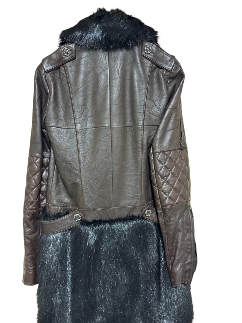 CHANEL Brown Sheepskin Leather Faux Fur Biker Coat Size 36
