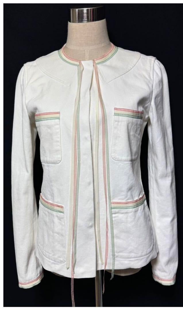 CHANEL COCO Embellishment Fringe Ribbon Jacket White Size 38