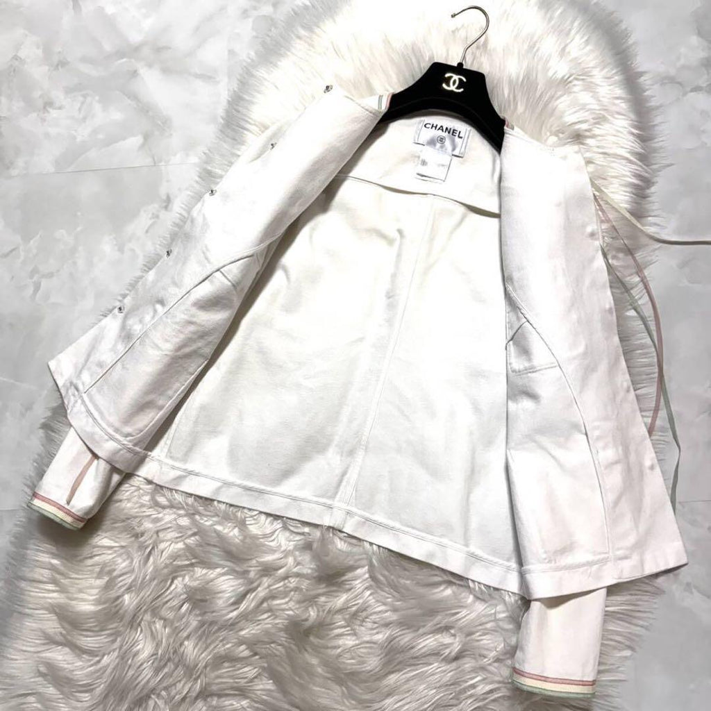 CHANEL COCO Embellishment Fringe Ribbon Jacket White Size 38