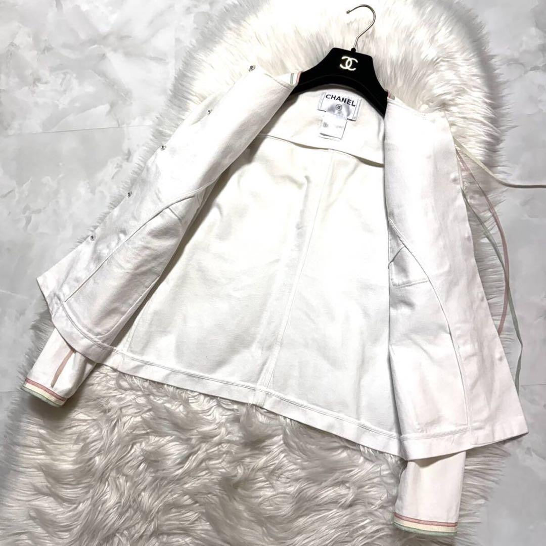 CHANEL COCO Embellishment Fringe Ribbon Jacket White Size 38