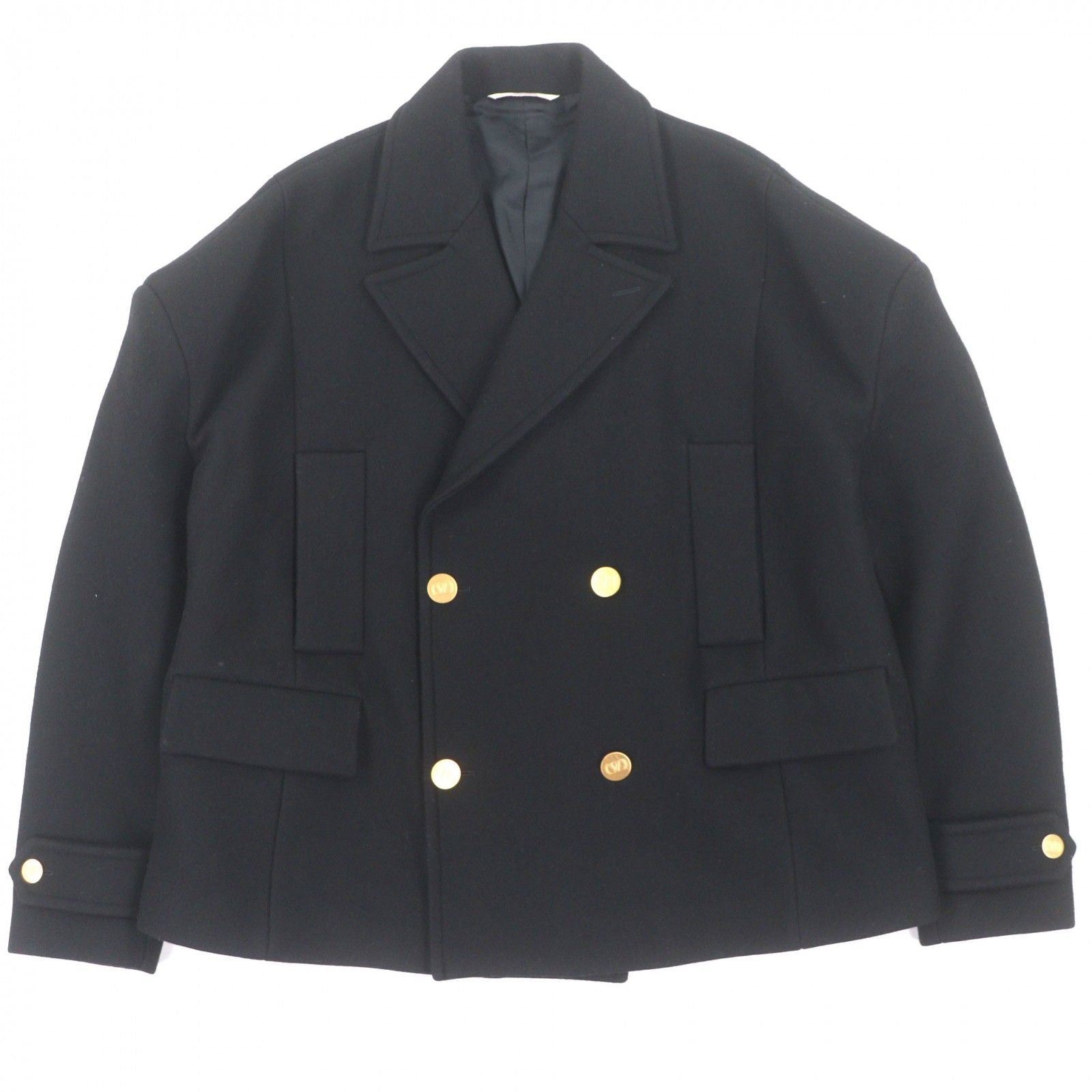 VALENTINO Wool V Logo Gold Button Oversized Double Breasted Coat Black 1V3CJF068HY