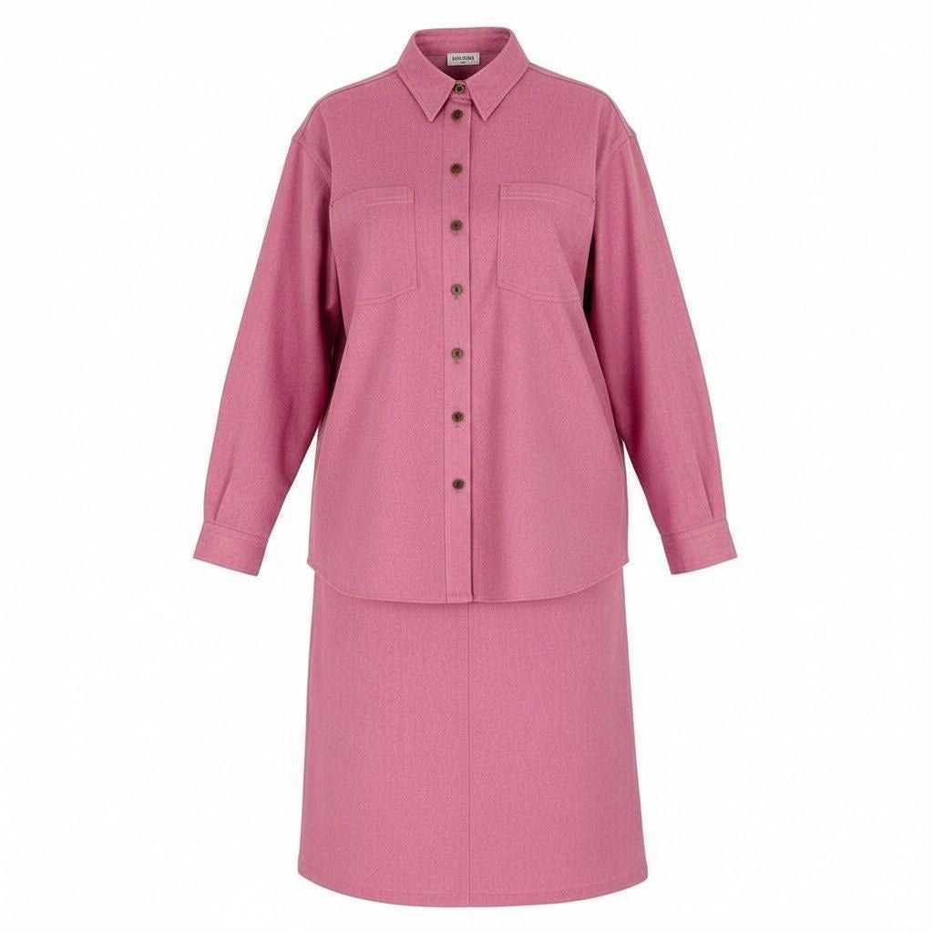 CHANEL Vintage 1999 Cruise Runway CC Button Denim Shirt & Skirt Setup Pink Size 38