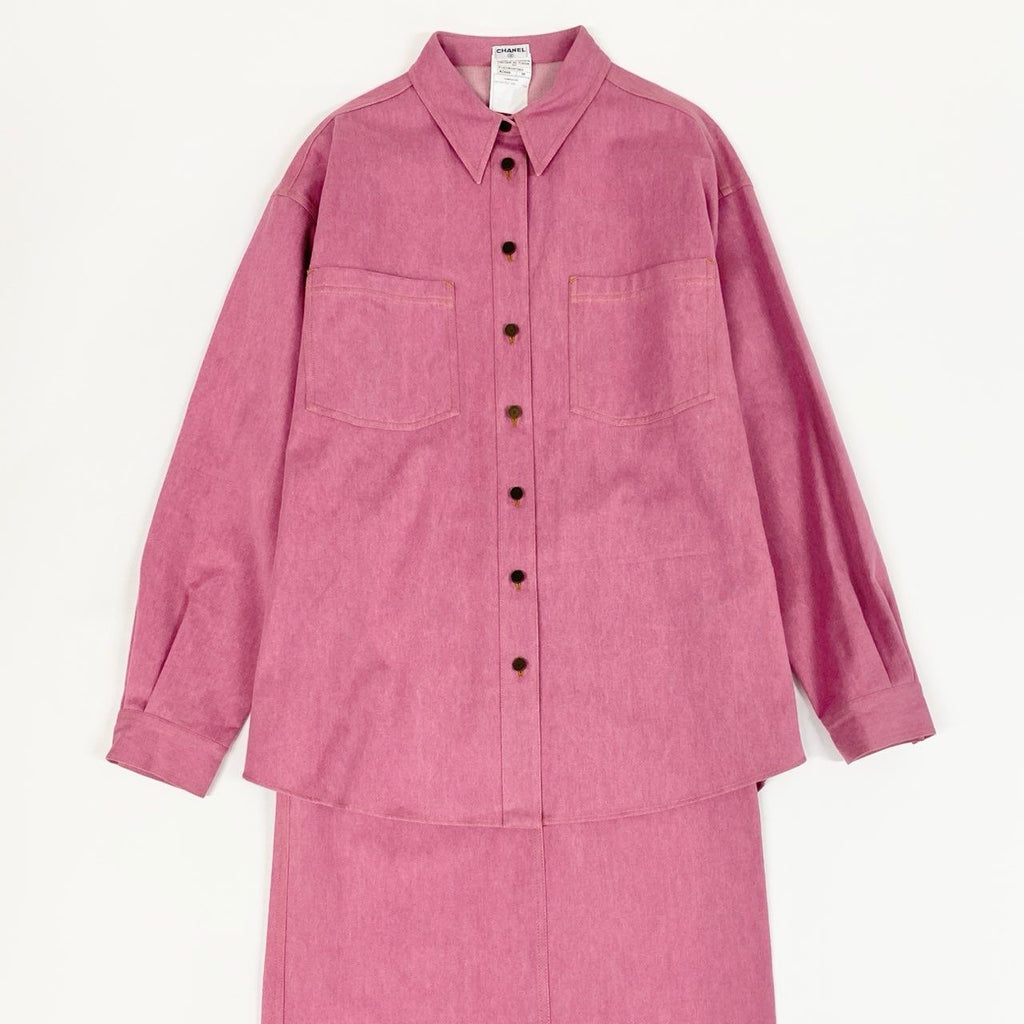 CHANEL Vintage 1999 Cruise Runway CC Button Denim Shirt & Skirt Setup Pink Size 38