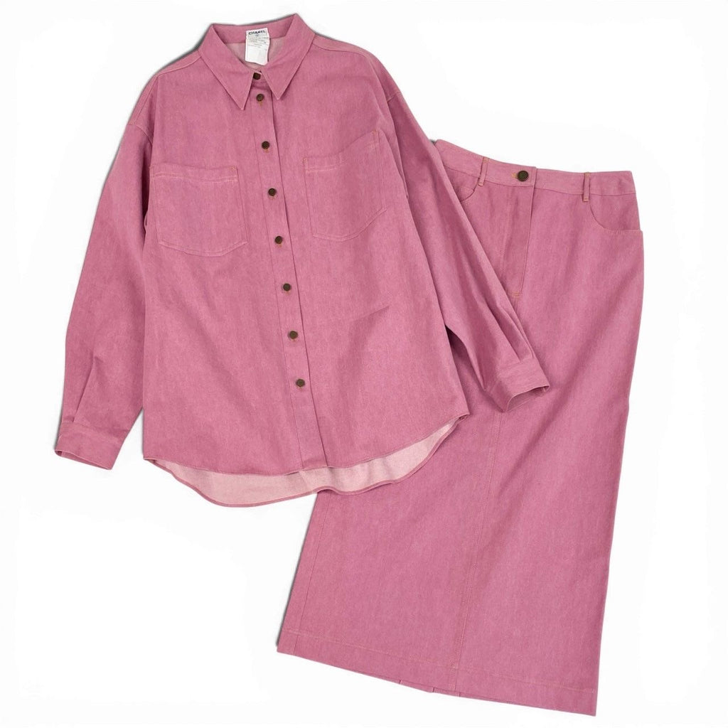CHANEL Vintage 1999 Cruise Runway CC Button Denim Shirt & Skirt Setup Pink Size 38