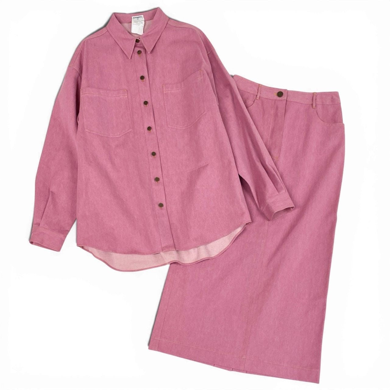 CHANEL Vintage 1999 Cruise Runway CC Button Denim Shirt & Skirt Setup Pink Size 38