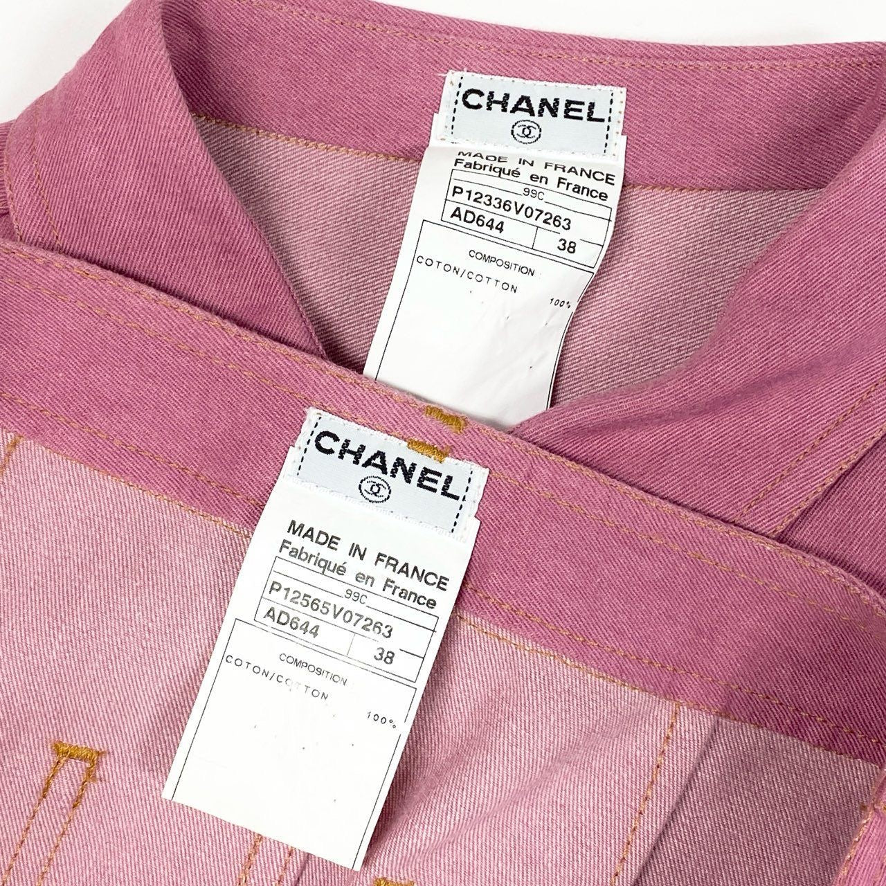 CHANEL Vintage 1999 Cruise Runway CC Button Denim Shirt & Skirt Setup Pink Size 38