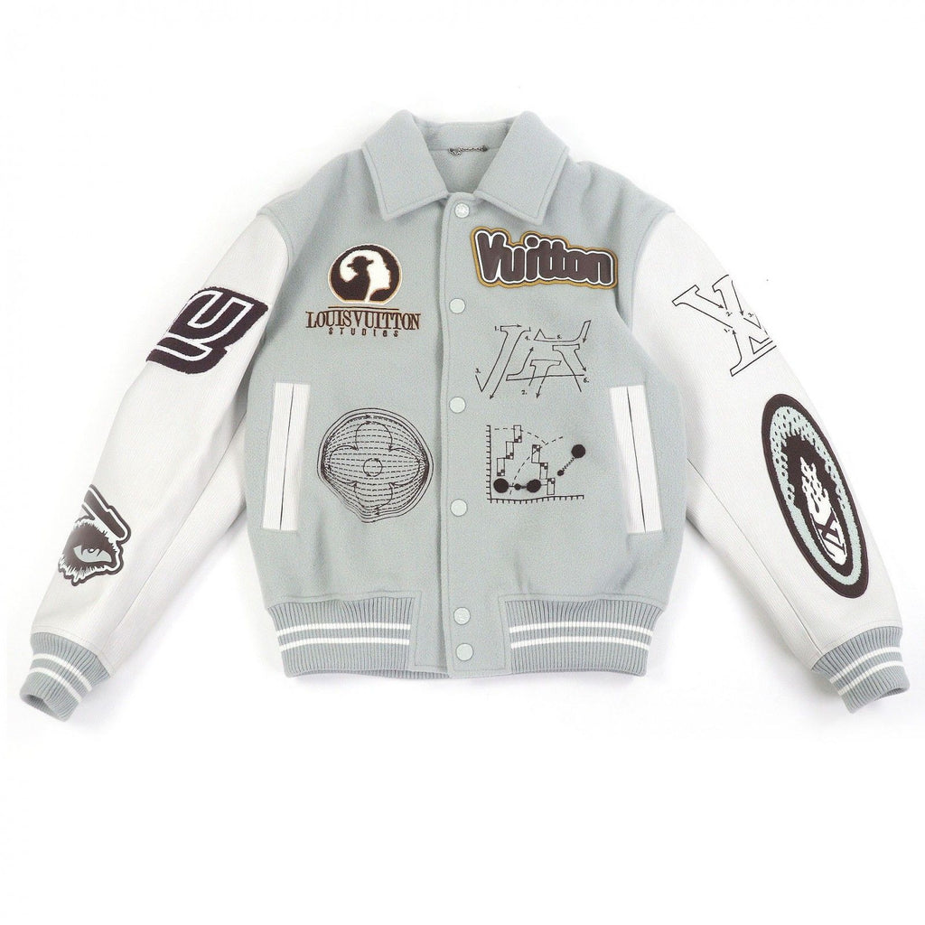 LOUIS VUITTON 23AW Patch Leather Sleeve Varsity Jacket Blue Grey White