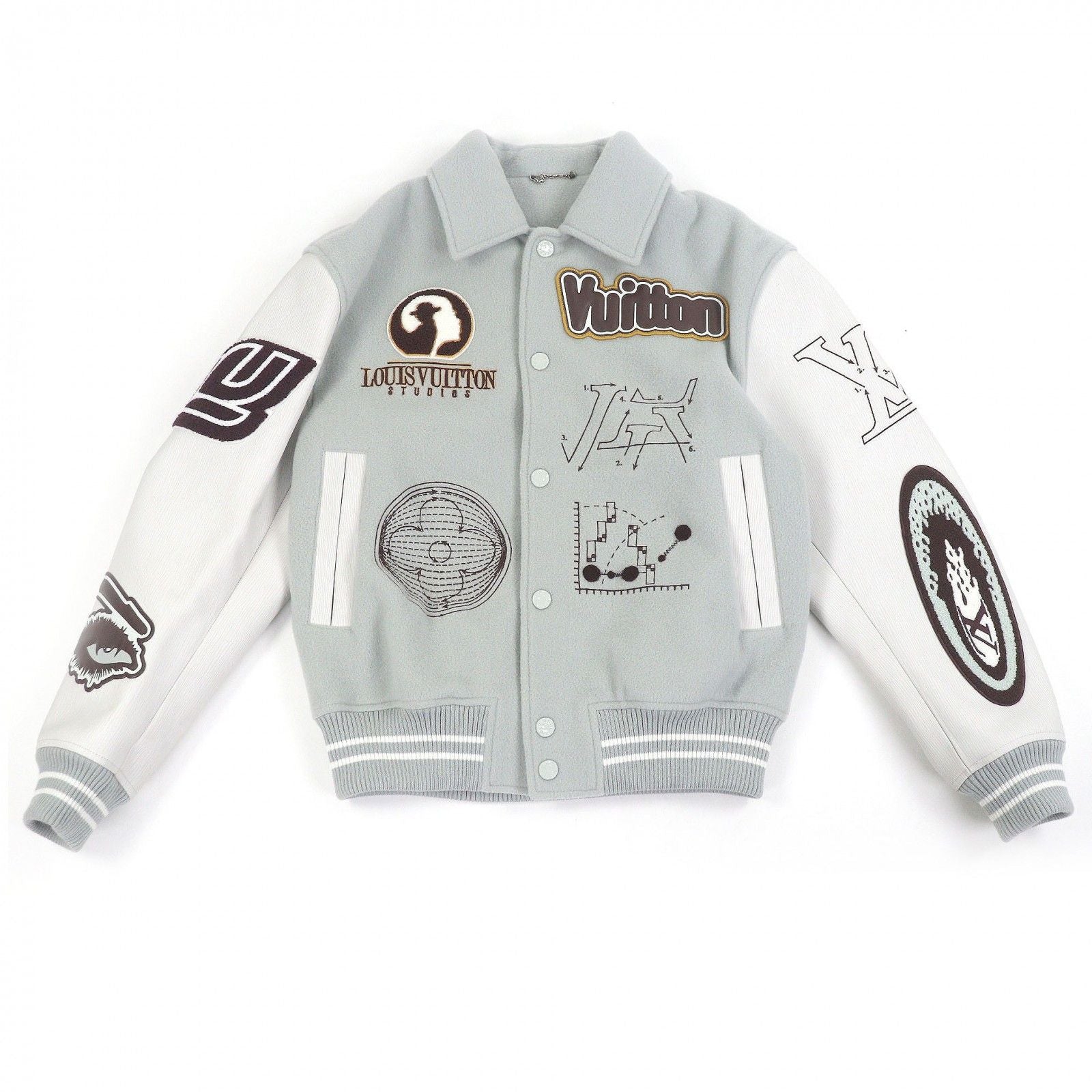 LOUIS VUITTON 23AW Patch Leather Sleeve Varsity Jacket Blue Grey White
