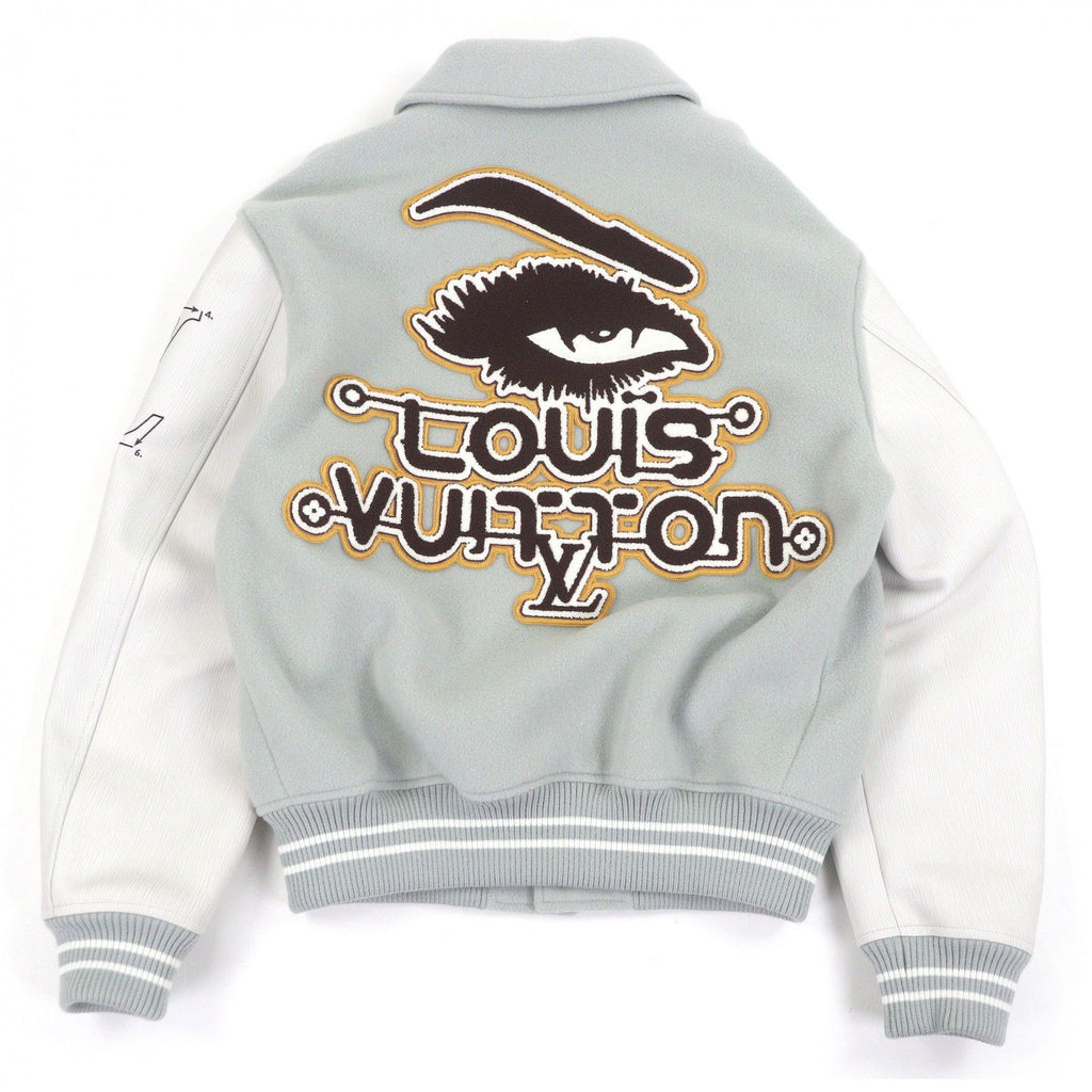 LOUIS VUITTON 23AW Patch Leather Sleeve Varsity Jacket Blue Grey White