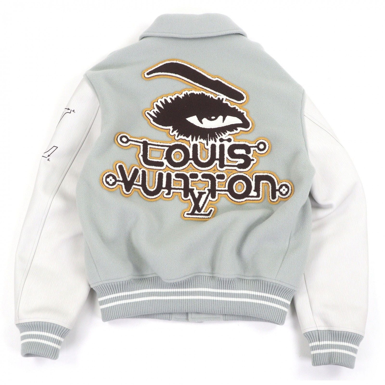LOUIS VUITTON 23AW Patch Leather Sleeve Varsity Jacket Blue Grey White