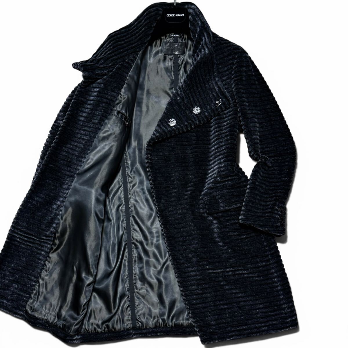 GIORGIO ARMANI 3D Rib Velvet Velour Long Coat Jacket Navy — Size 48