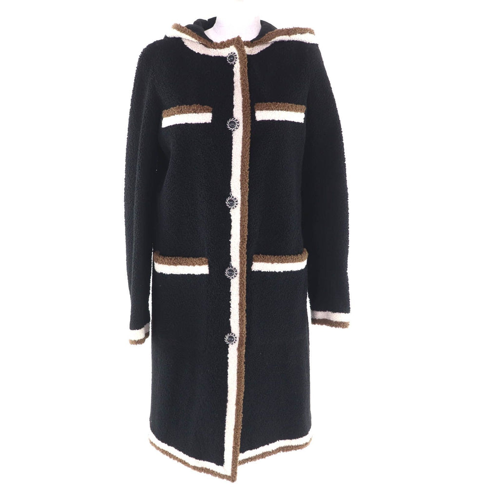 CHANEL Mouton Hooded Coat with Coco Mark Chain Buttons & Silk Lining – Black Size 34