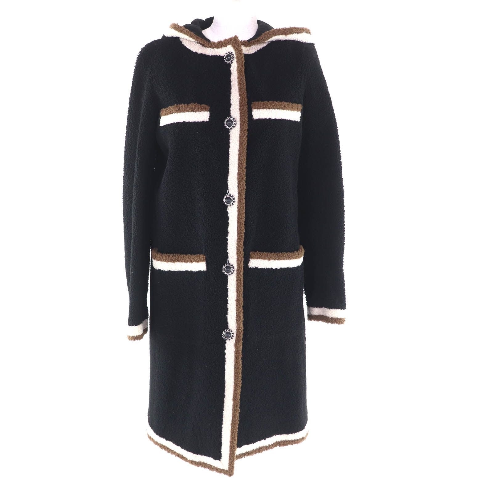 CHANEL Mouton Hooded Coat with Coco Mark Chain Buttons & Silk Lining – Black Size 34