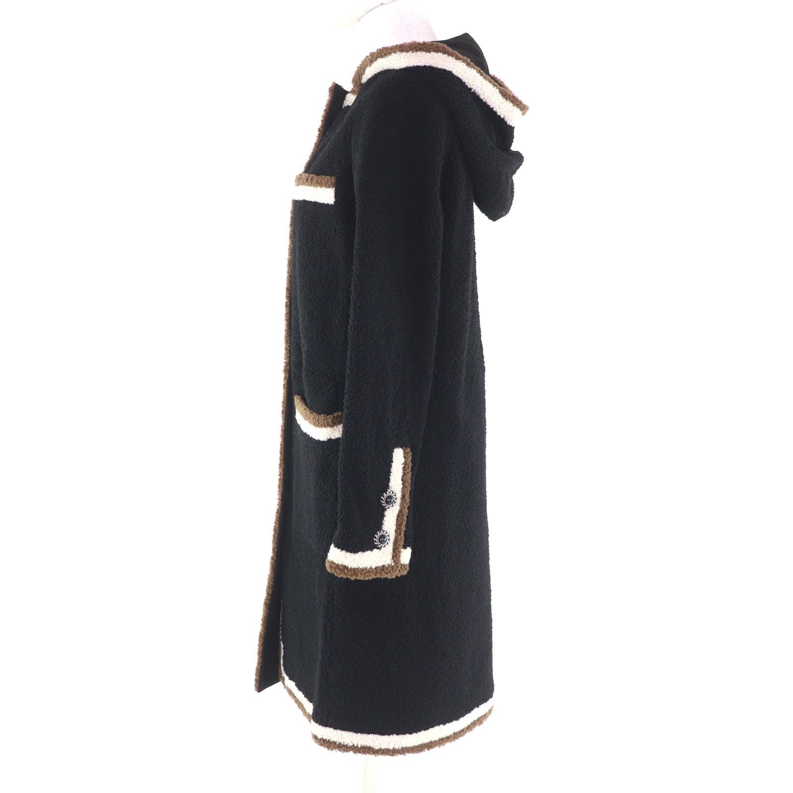 CHANEL Mouton Hooded Coat with Coco Mark Chain Buttons & Silk Lining – Black Size 34