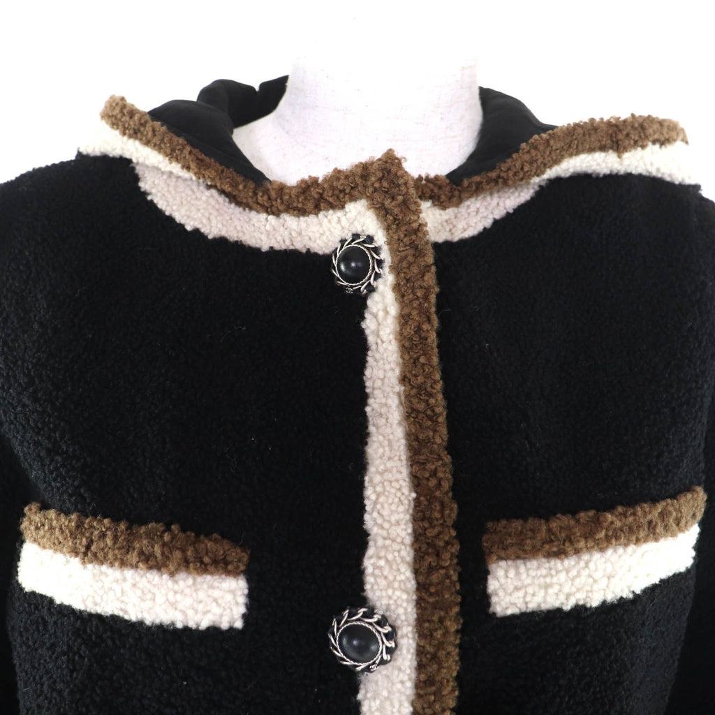 CHANEL Mouton Hooded Coat with Coco Mark Chain Buttons & Silk Lining – Black Size 34