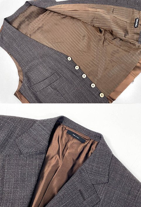 TOM FORD O'Connor Silk Blend Setup Suit Jacket Pants Trousers3-Piece Brown Check 48C