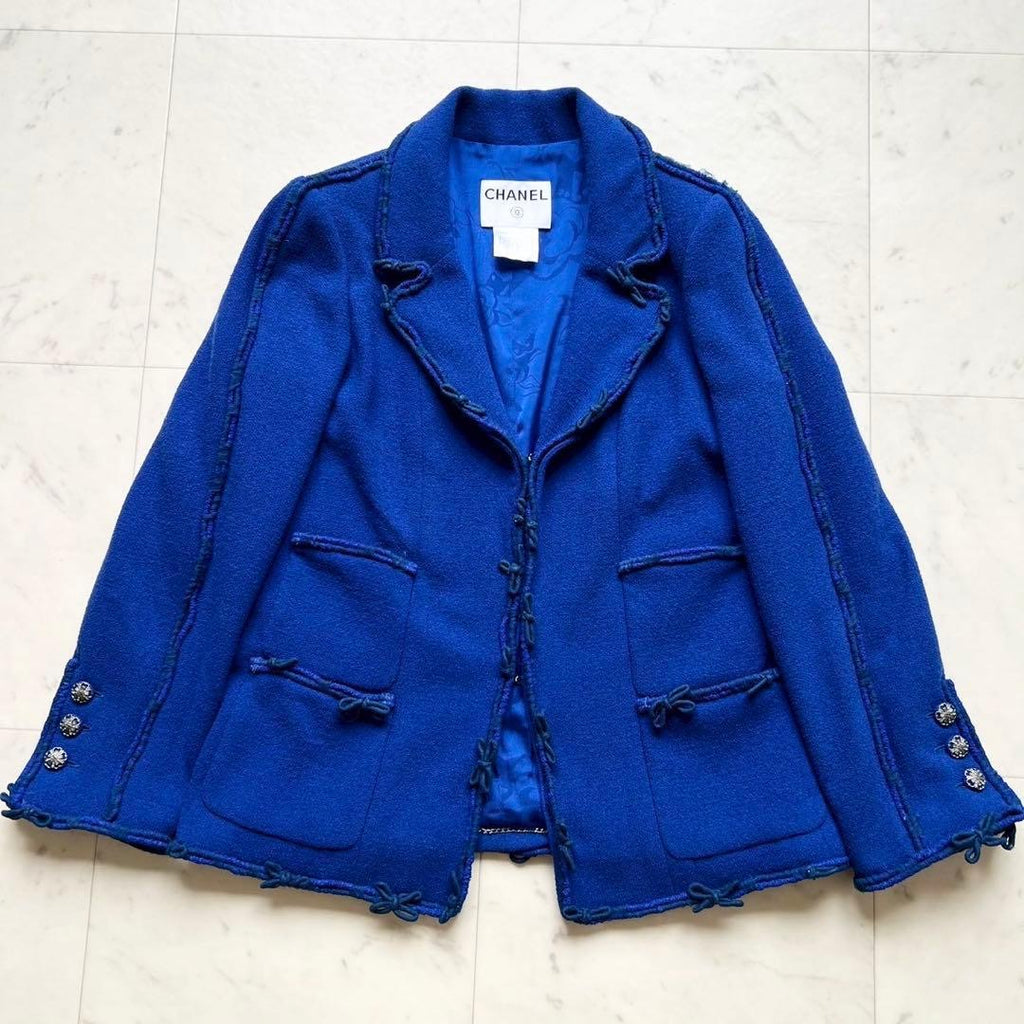 CHANEL Royal Blue Ribbon Coco Mark Flower Button Tweed Jacket Size 38