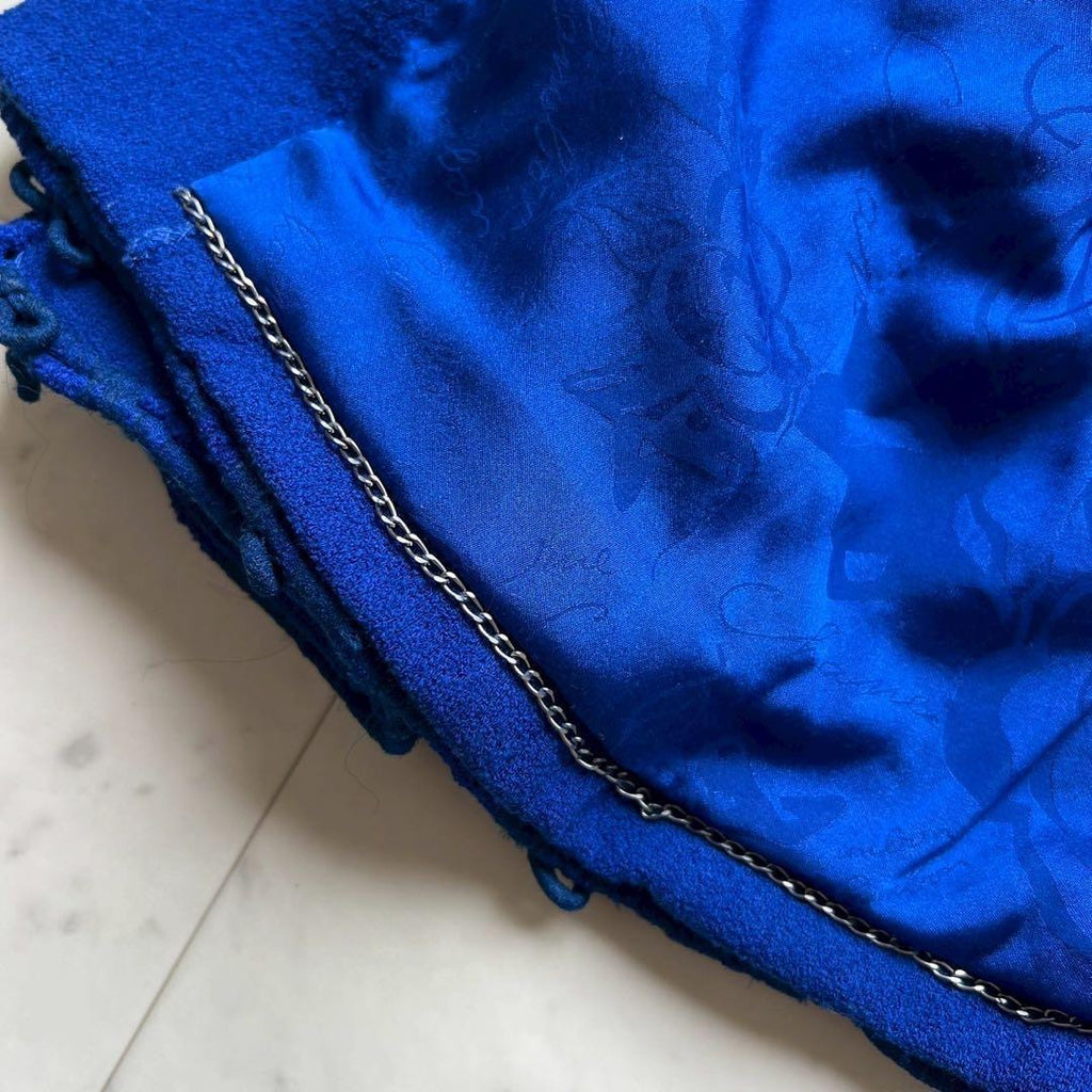 CHANEL Royal Blue Ribbon Coco Mark Flower Button Tweed Jacket Size 38