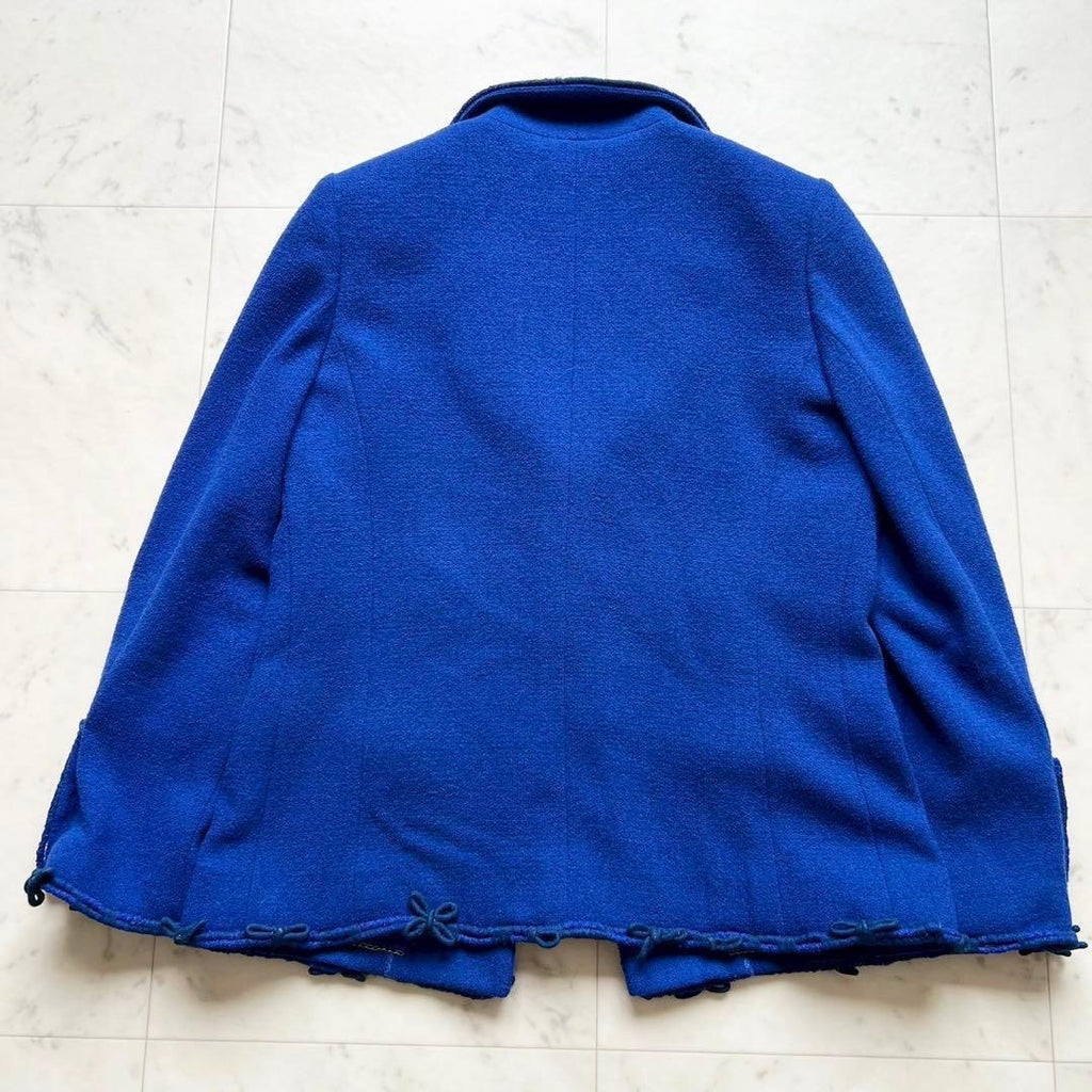 CHANEL Royal Blue Ribbon Coco Mark Flower Button Tweed Jacket Size 38