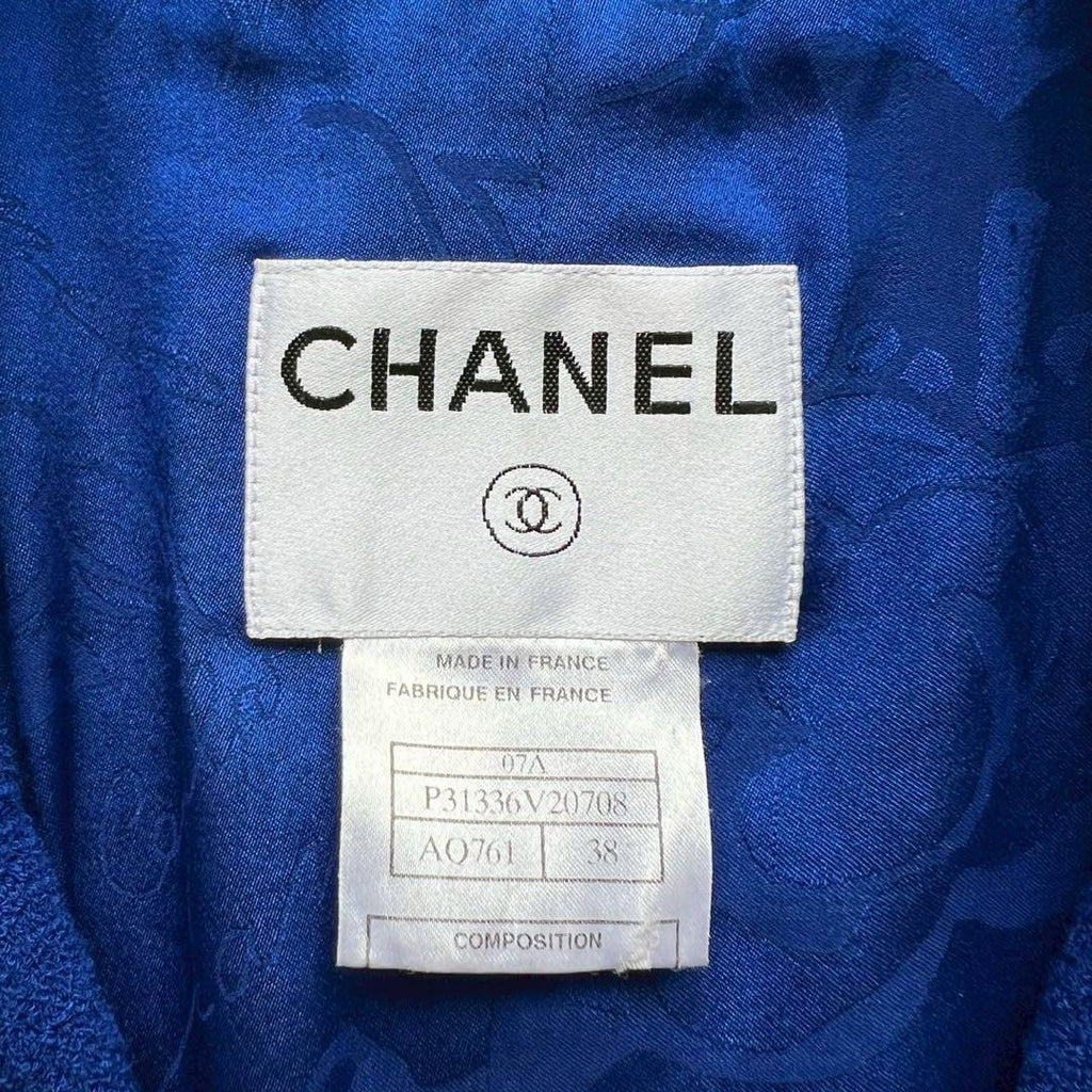 CHANEL Royal Blue Ribbon Coco Mark Flower Button Tweed Jacket Size 38