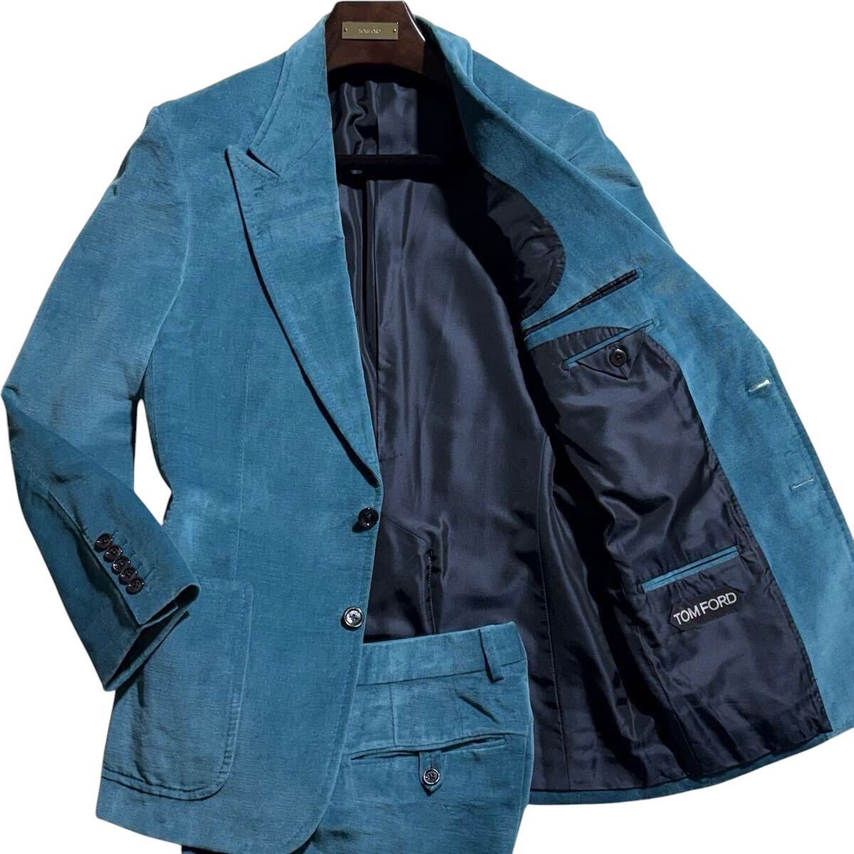 TOM FORD Silk  Velvet Corduroy Setup Suit Jacket Pants Trousers Turquoise — Size 48