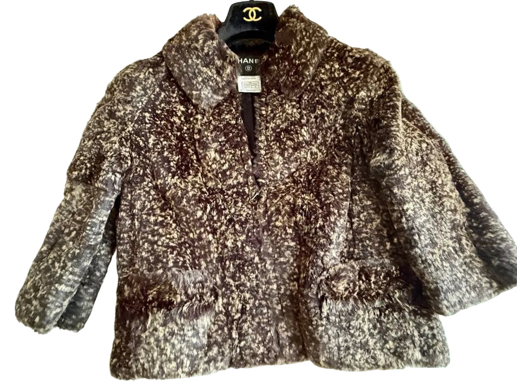 CHANEL 05A Rabbit Fur Zip Jacket Camellia Lining CC Plate Size 38
