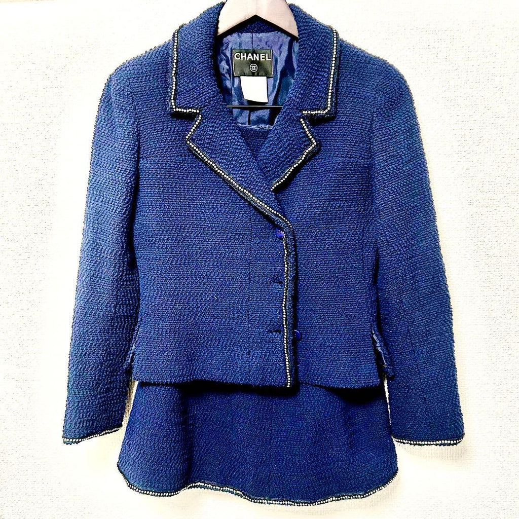 CHANEL 06A Tweed Setup Jacket & Skirt Navy Rhinestone
