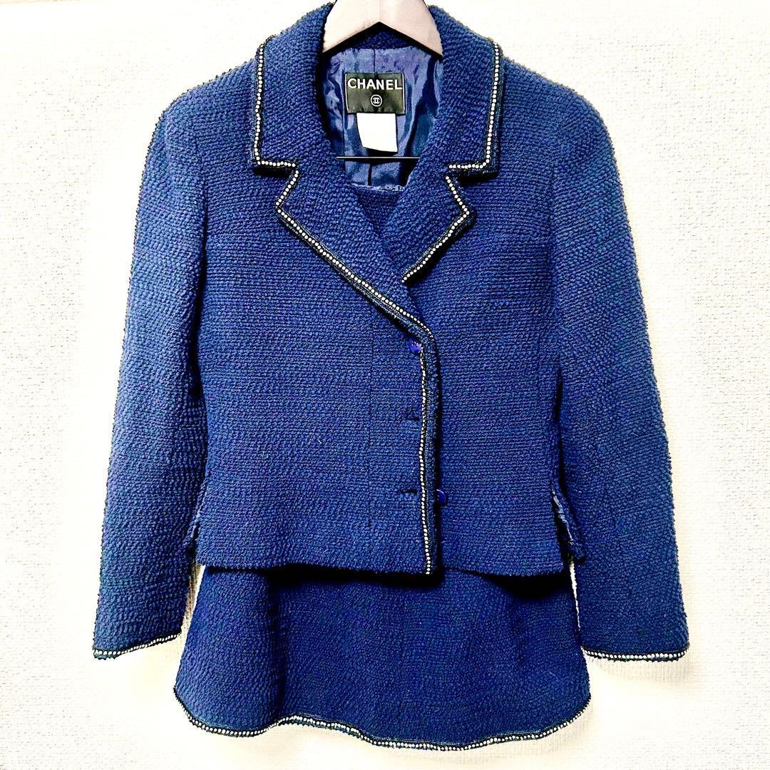 CHANEL 06A Tweed Setup Jacket & Skirt Navy Rhinestone