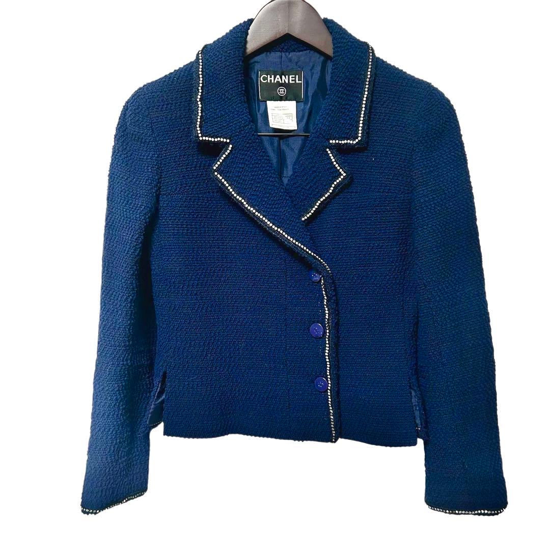 CHANEL 06A Tweed Setup Jacket & Skirt Navy Rhinestone