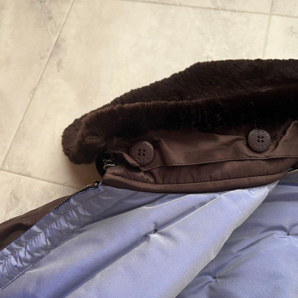 CHANEL Vintage 97A Beaver Fur Silk Padded Coat CC Charm Size 38