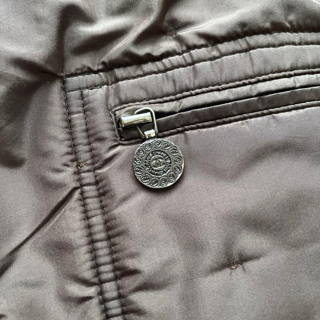 CHANEL Vintage 97A Beaver Fur Silk Padded Coat CC Charm Size 38