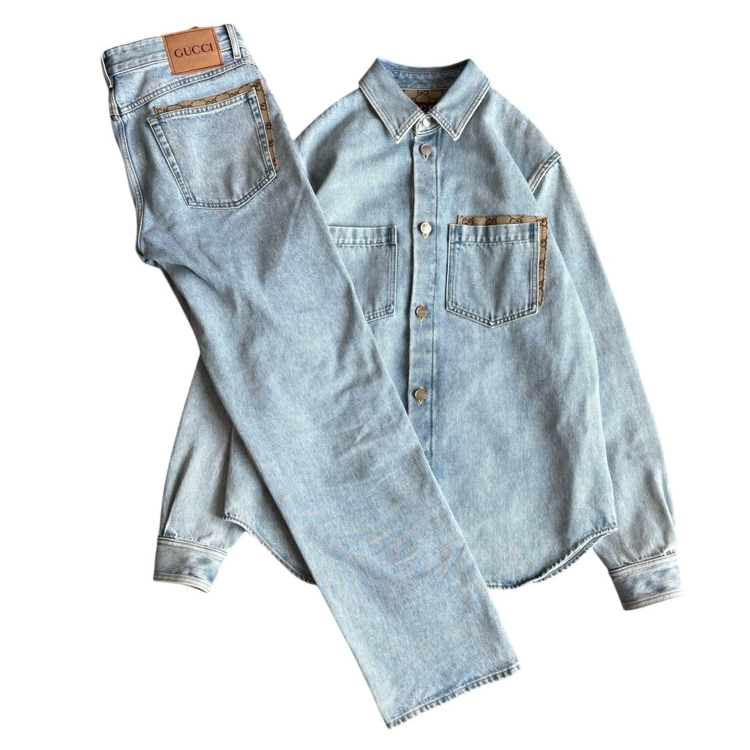 GUCCI GG Pattern Denim Shirt Jacket & Jeans Pants Setup　Jacket 46 / Jeans 32