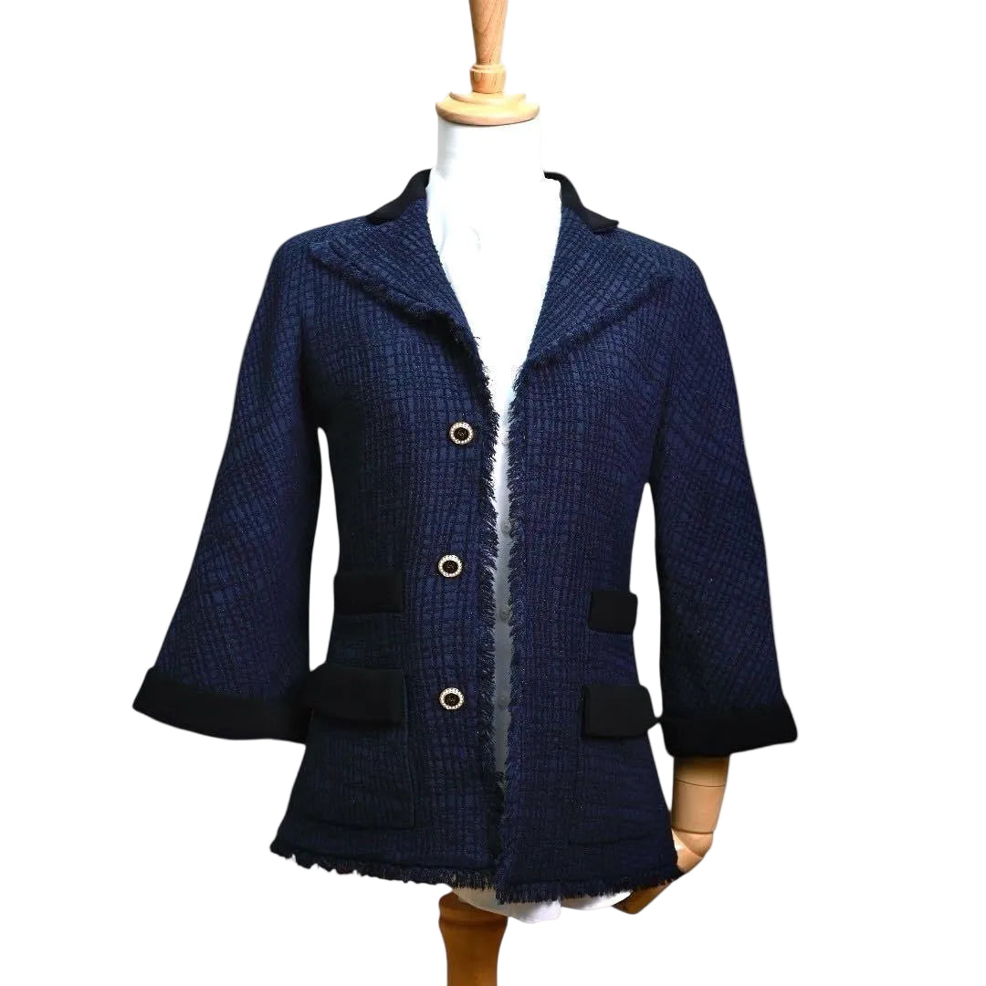 CHANEL CC Logo Tweed Cardigan Jacket Size 36 — Navy