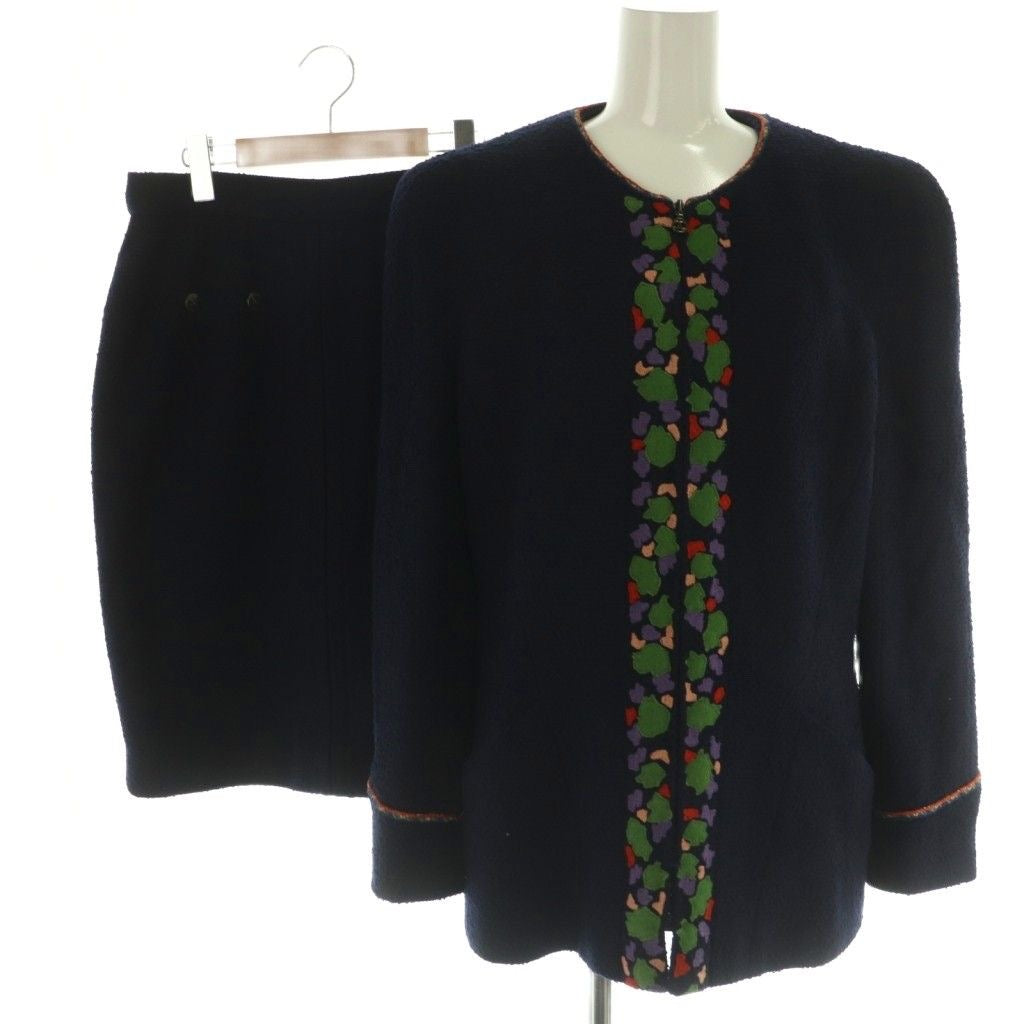 CHANEL 97A Setup Jacket & Skirt Tweed Collarless Zip Navy Size 44 P09711V05945