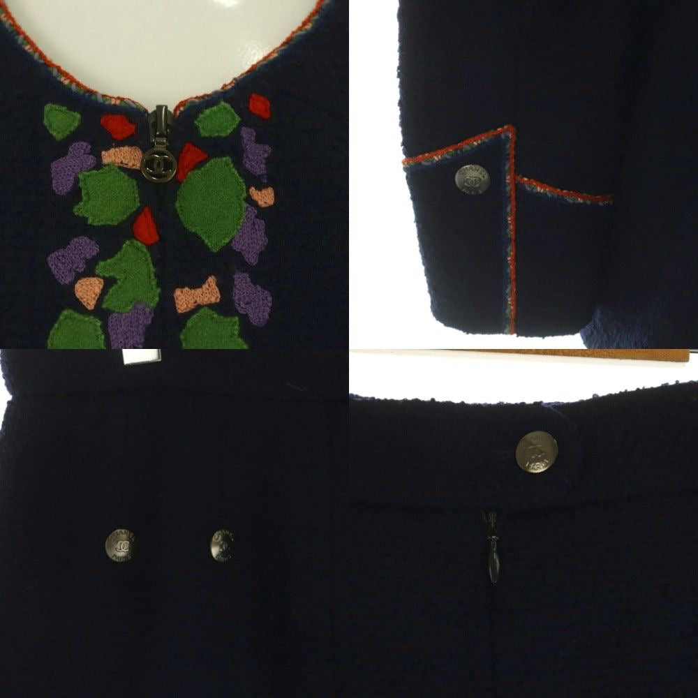CHANEL 97A Setup Jacket & Skirt Tweed Collarless Zip Navy Size 44 P09711V05945