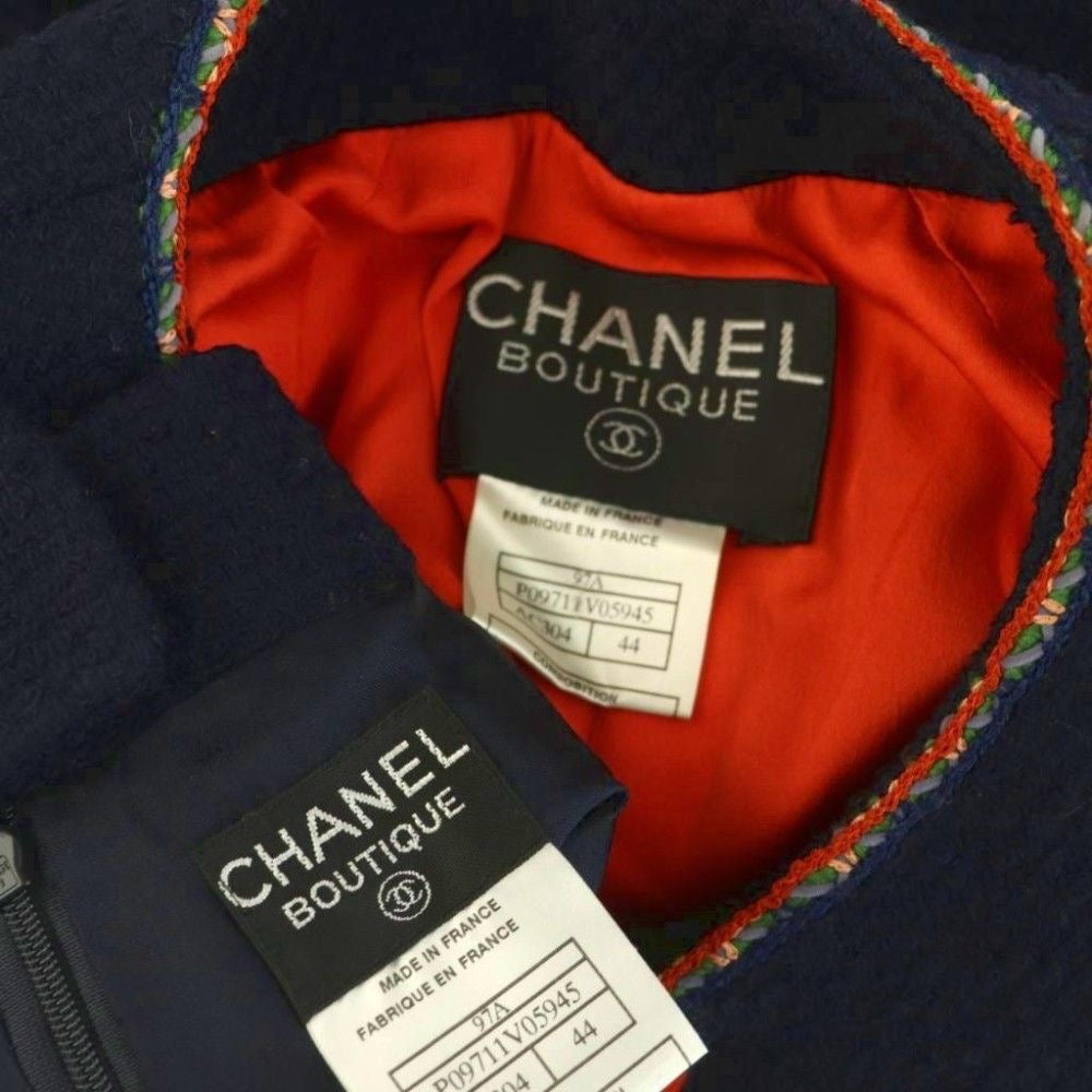 CHANEL 97A Setup Jacket & Skirt Tweed Collarless Zip Navy Size 44 P09711V05945