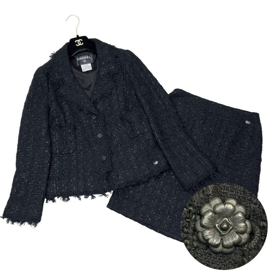 CHANEL Lame Tweed Setup Suit Camellia Button Black