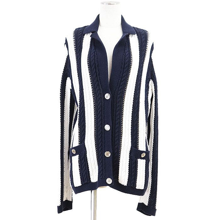 CHANEL P74635 Coco Mark Rhinestone Button Knit Cardigan Jacket Stripe Marine Navy White Size 36