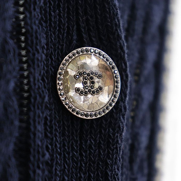 CHANEL P74635 Coco Mark Rhinestone Button Knit Cardigan Jacket Stripe Marine Navy White Size 36