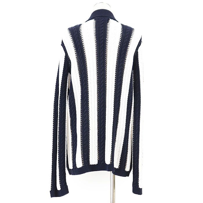 CHANEL P74635 Coco Mark Rhinestone Button Knit Cardigan Jacket Stripe Marine Navy White Size 36